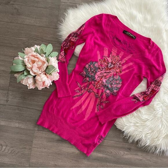 Vintage Ed Hardy Magenta Pink Rhinestone Tattoo Scoop Neck Wool Tunic Sweater M - Picture 1 of 6